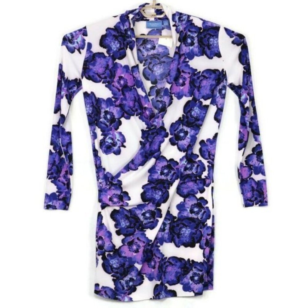 Simply Vera Wang Wrap Dress White Purple Floral Stretch‎ PS Petite Small